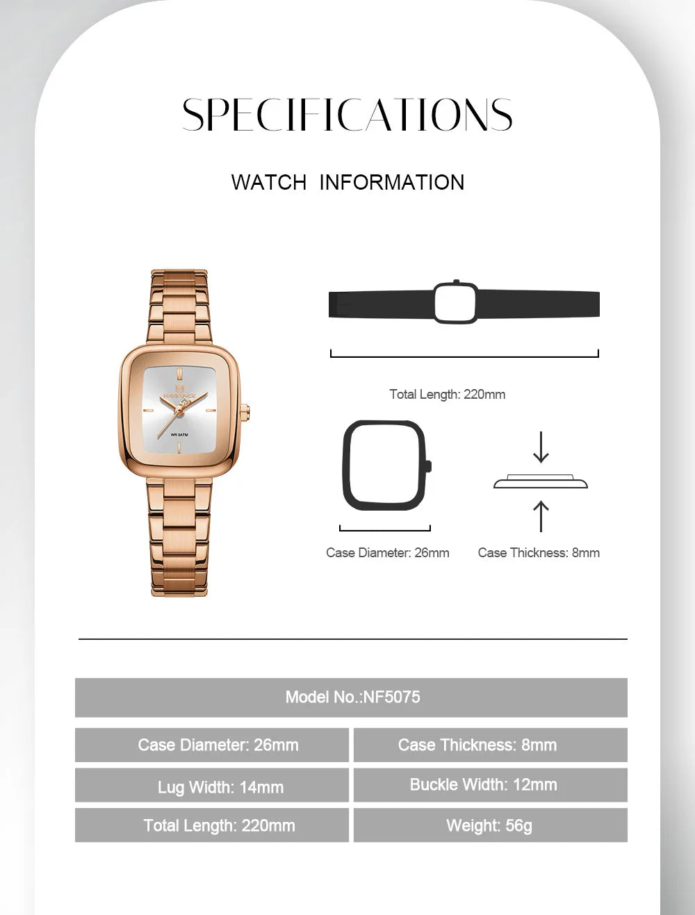 NAVIFORCE Square Watches for Women 3ATM Waterproof Stainless Steel Fashion Ultra Light Girls' Watch Wristwatch Gift Box for Lady
