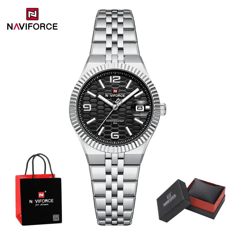 NAVIFORCE Luxury Women Quartz Calendar Watch 30M Waterproof Luminous Steel Strap Female Casual Girls Fashion Wristwatch Gift Box