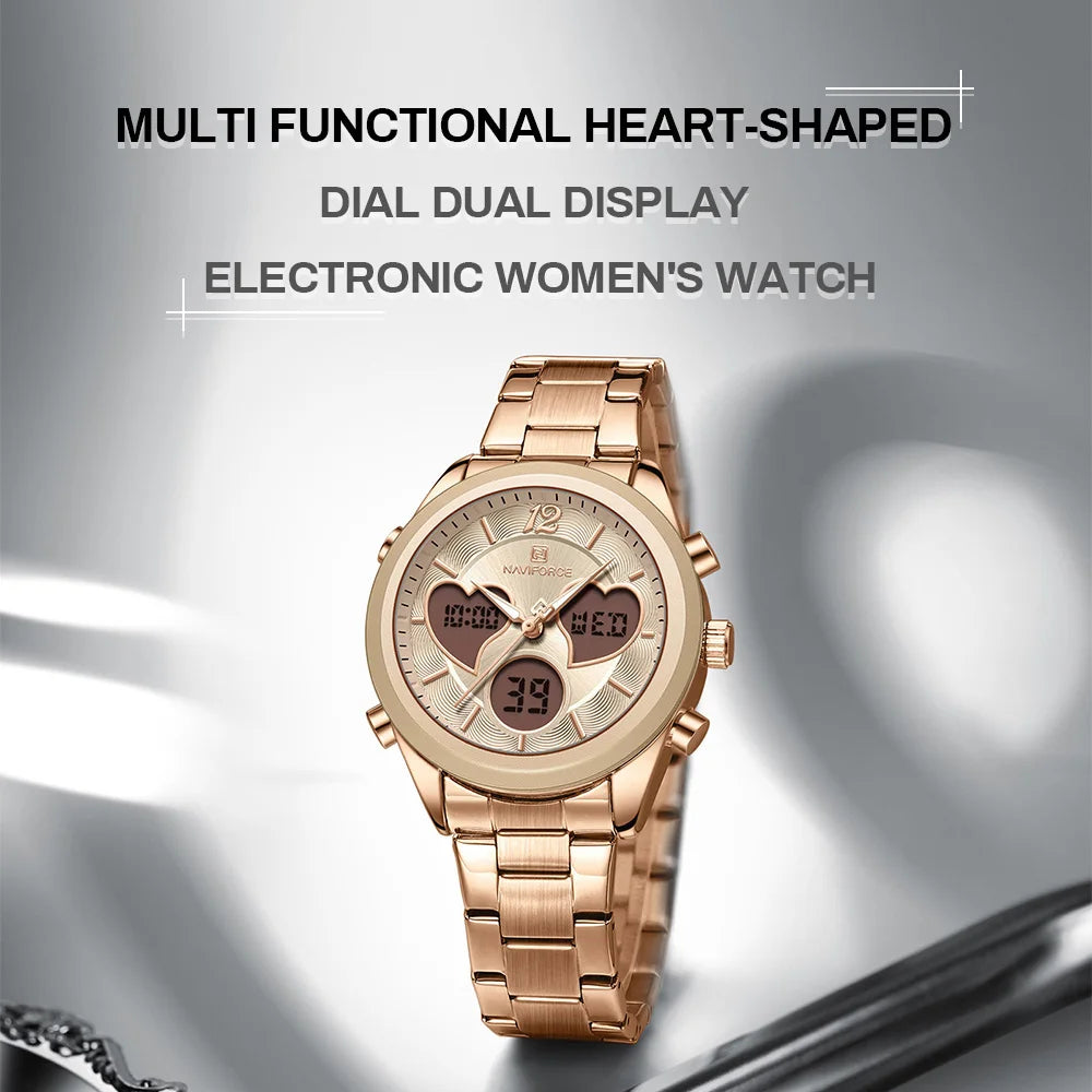 NAVIFORCE Women Watch Unique Design of Heart-Shaped Dial Quartz Analog LCD Digital Watches Fashion Casual Girlfriend Gifts Clock