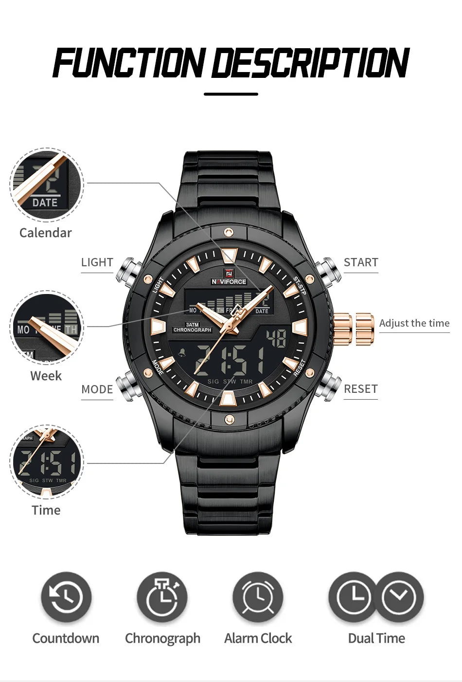 NAVIFORCE New Fashion Design Sports Men's Watches Waterproof Auto Day and Date Display Quartz Wristwatches