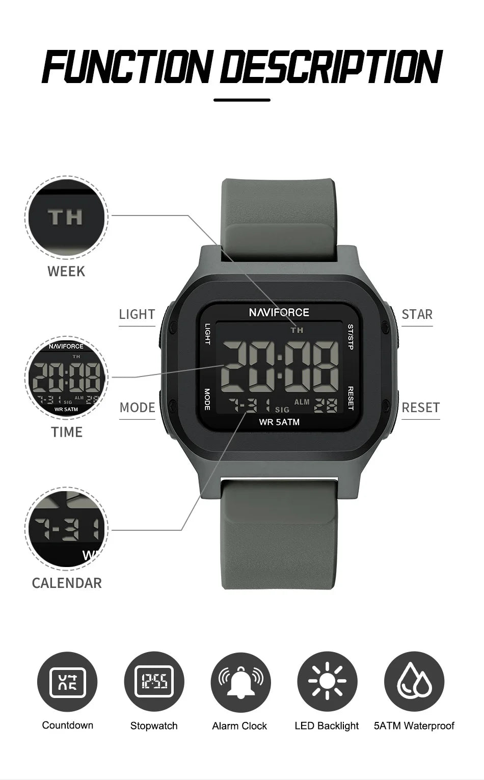 High Quality NAVIFORCE Men's Sport Wristwatch LCD Display 50m Waterproof Alarm Stopwatch BackLight Unique Square Case Gift Clock