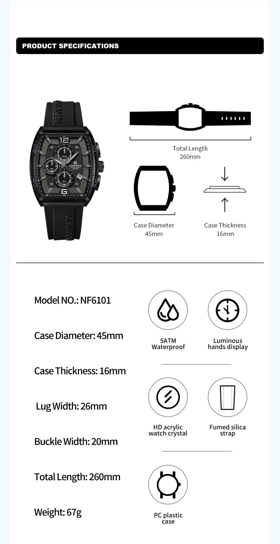 NAVIFORCE Men's Quartz Sports Casual Watch Silicone Strap Wristwatches Chronograph Waterproof Luminous Hands Man Auto Date Clock