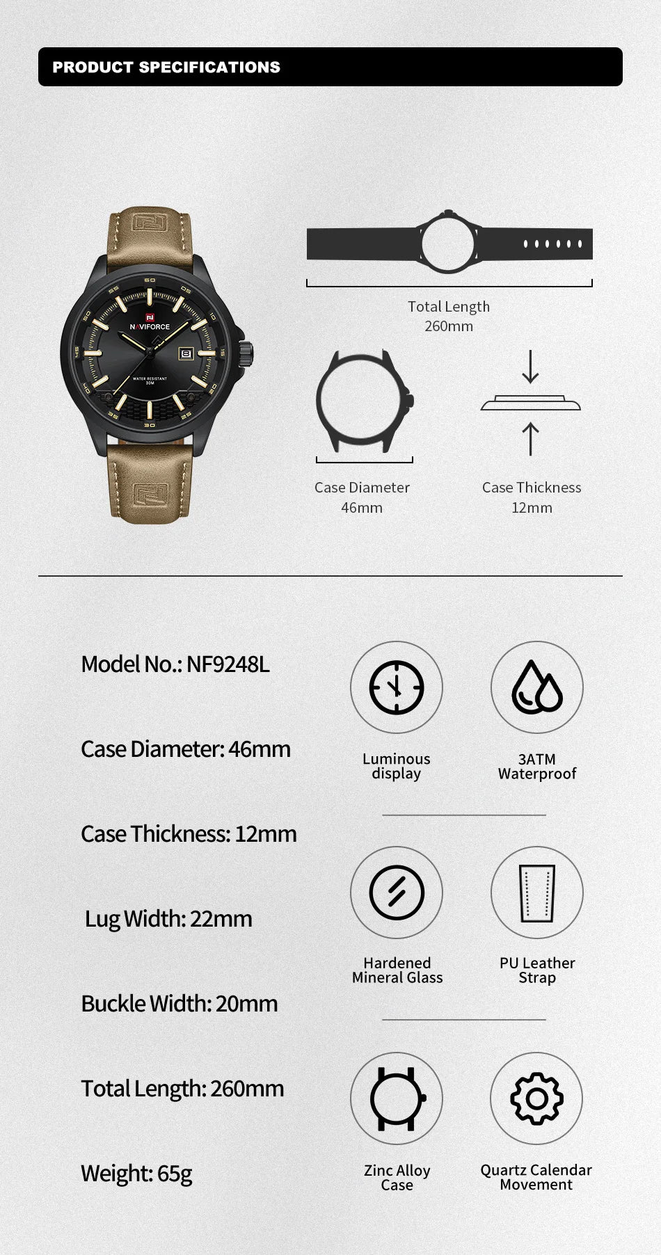 NAVIFORCE Simple Original Leather Man Watches Waterproof Luminous Quartz Dress Watch Men's Business Hand Calendar Clock Gifts