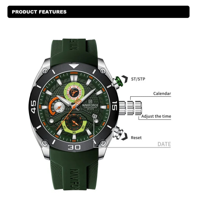 NAVIFORCE Man's Watch Quartz Chronograph 30M Waterproof Luminous Date Display Silicone Strap Trends Sports Wristwatch for Men