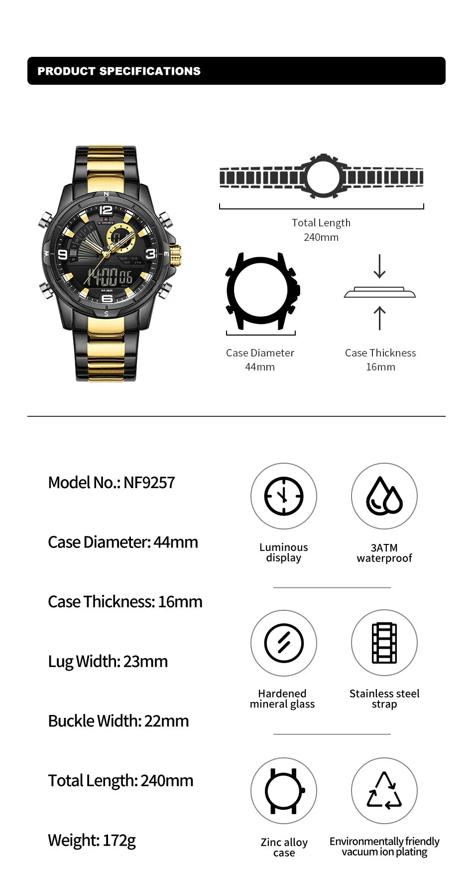 NAVIFORCE Luxury Man's Watch Quartz Chronograph Dual Display 3ATM Waterproof Military Style Sports Wristwatch Gift Box For Men