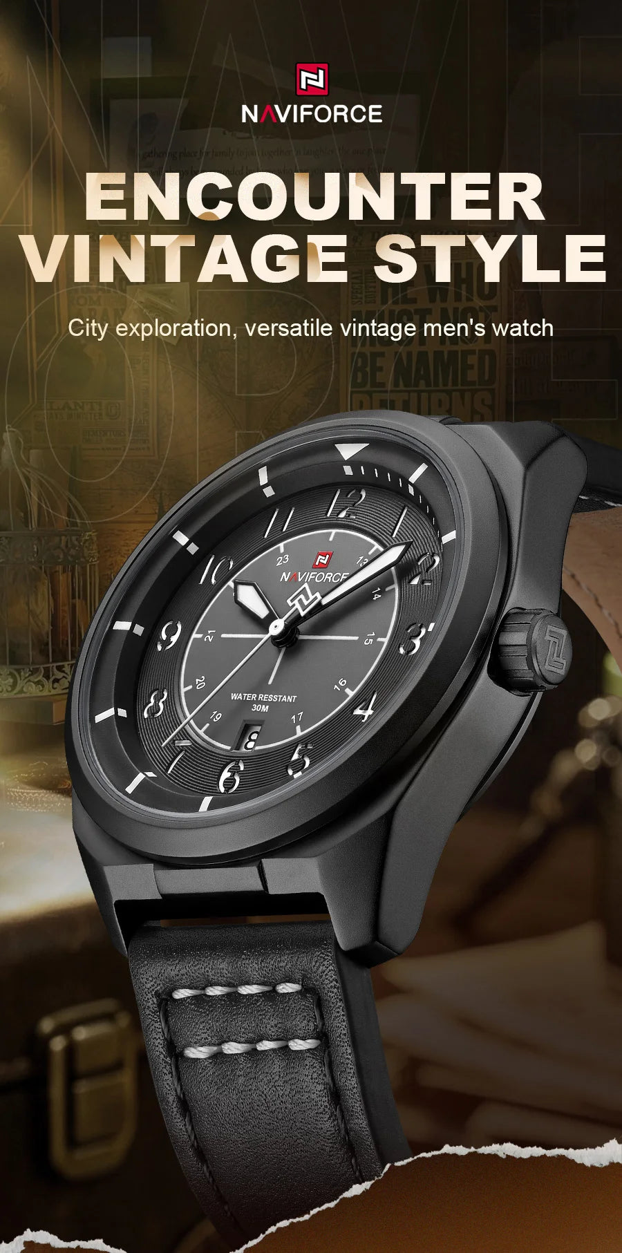 NAVIFORCE Simple Men Quartz Calendar Watch 3ATM Waterproof Genuine Leather Strap Business Casual Fashion Mature Style Wristwatch
