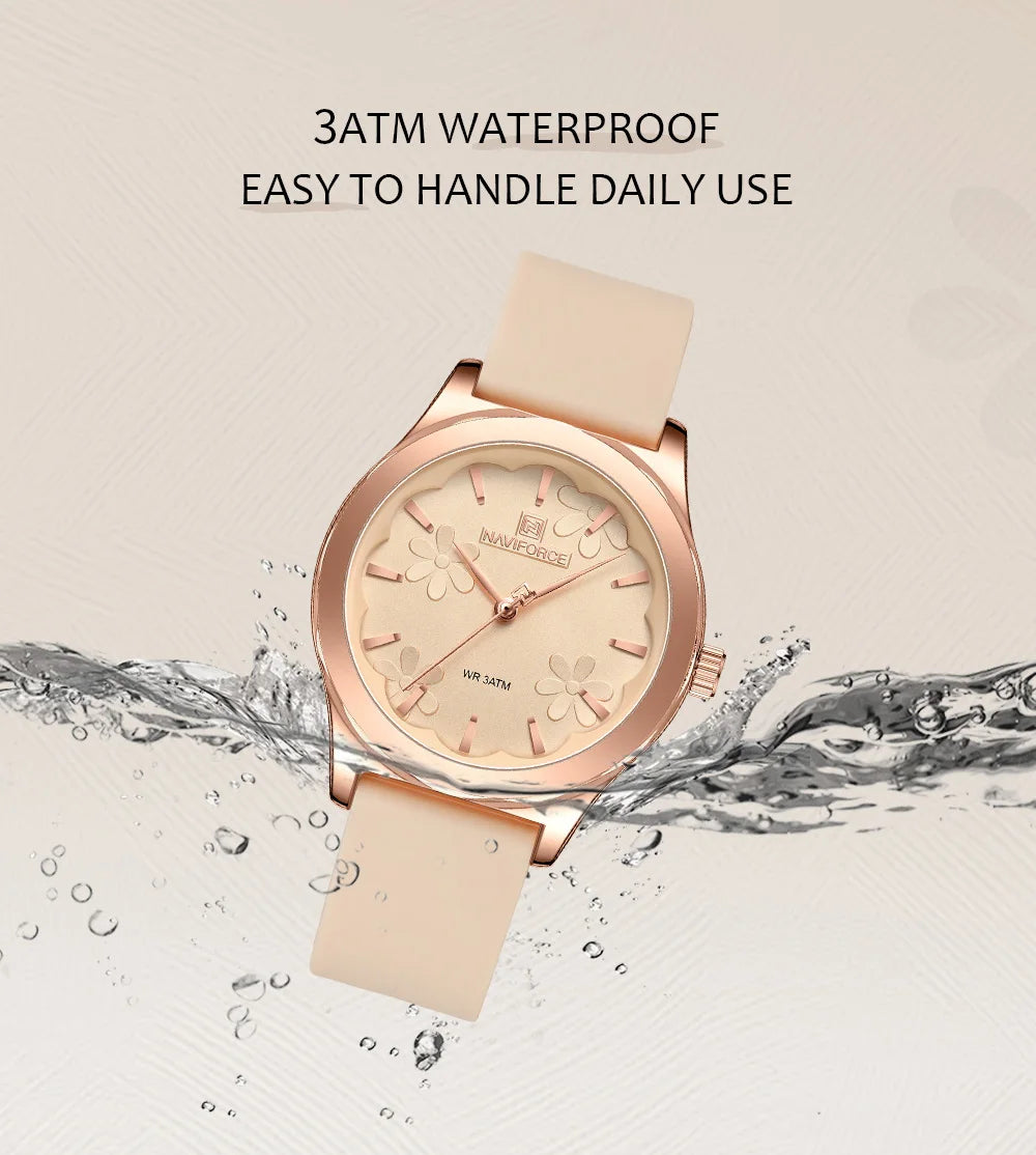 NAVIFORCE Women Simple Fashion Wristwatch Quartz 3ATM Waterproof Comfortable Silicone Strap Female Exquisite Wristwatch Gift Box