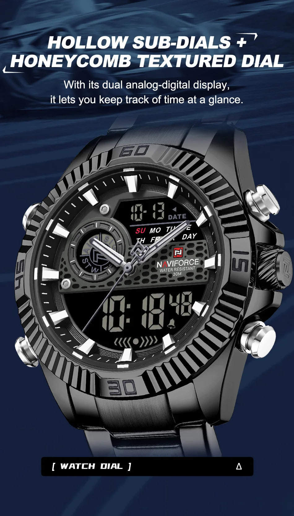 NAVIFORCE Men Watches Quartz Dual Display Waterproof Stainless Steel Male Luxury Fashion Business Outdoor Wristwatch Gifts Box