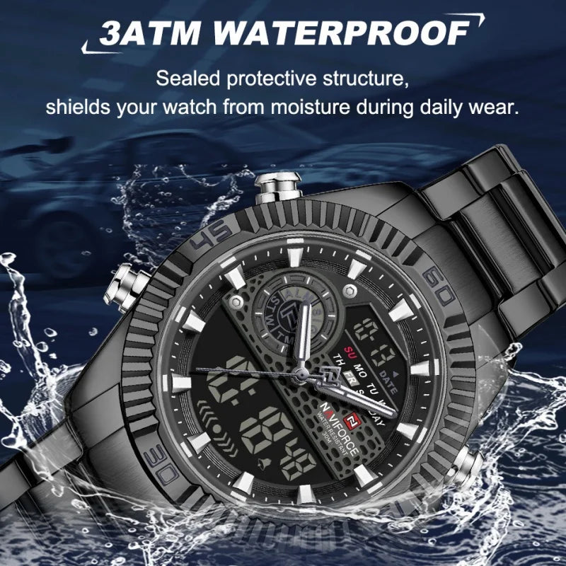 NAVIFORCE Men Watches Quartz Dual Display Waterproof Stainless Steel Male Luxury Fashion Business Outdoor Wristwatch Gifts Box
