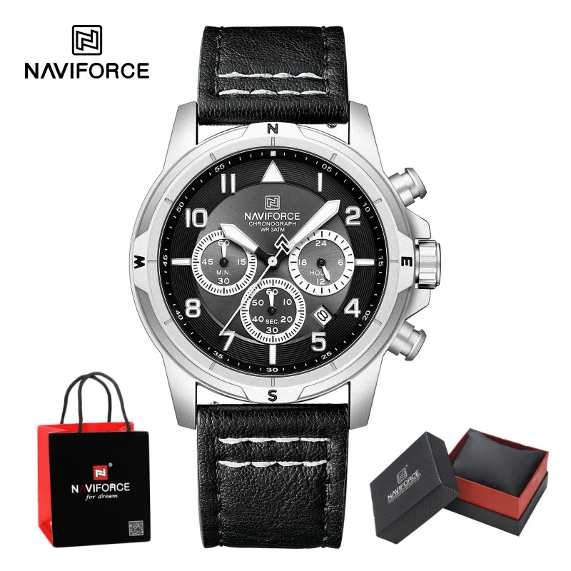 NAVIFORCE Classic Men Quartz Chronograph Watch 3ATM Waterproof Date Display Leather Strap Business Wristwatch Gift Box for Male