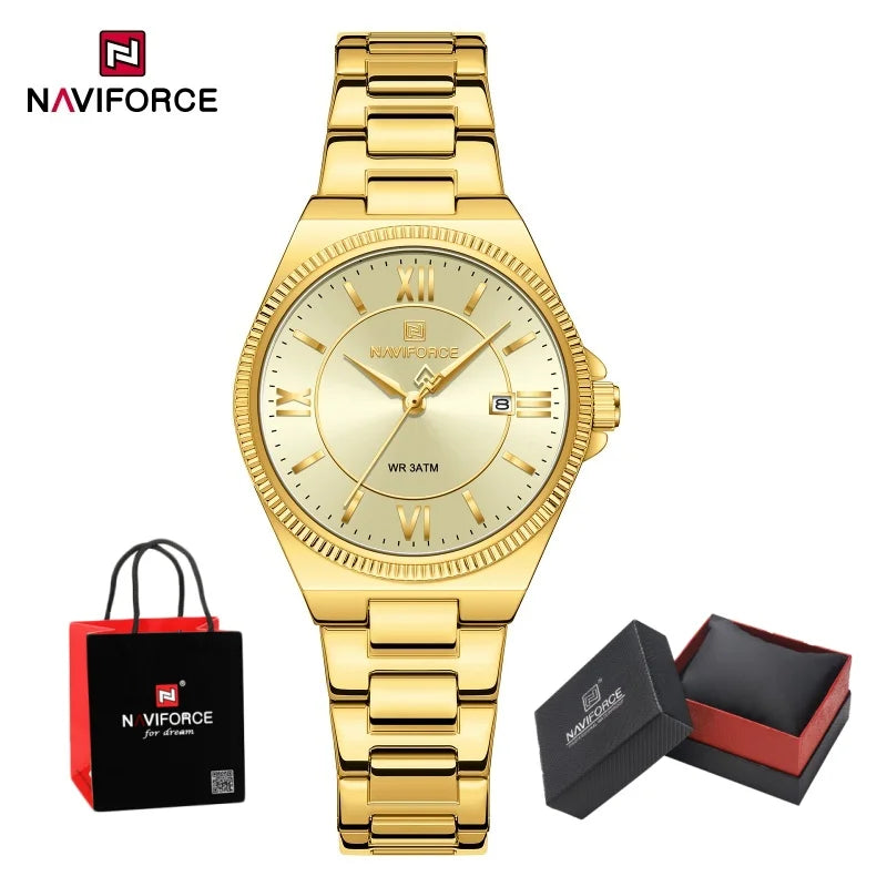 NAVIFORCE Women's Quartz Watch 3ATM Waterproof Date Display Stainless Steel Fashion for Daily Dress Lady Wristwatch Gifts Box