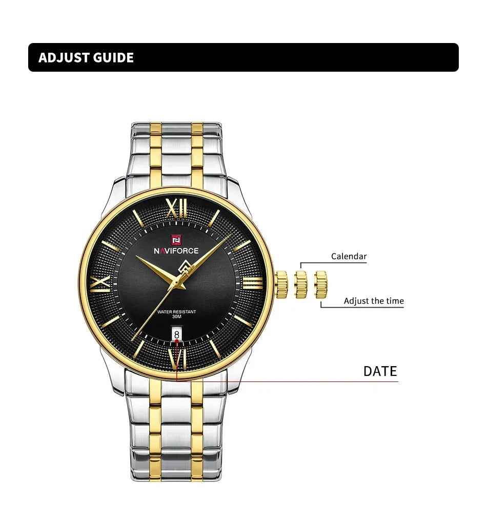 NAVIFORCE Men's Watch Stainless Steel Strap Waterproof Luxury Sport Male Quartz WristWatch Calendar Clock Reloj Hombre man gift