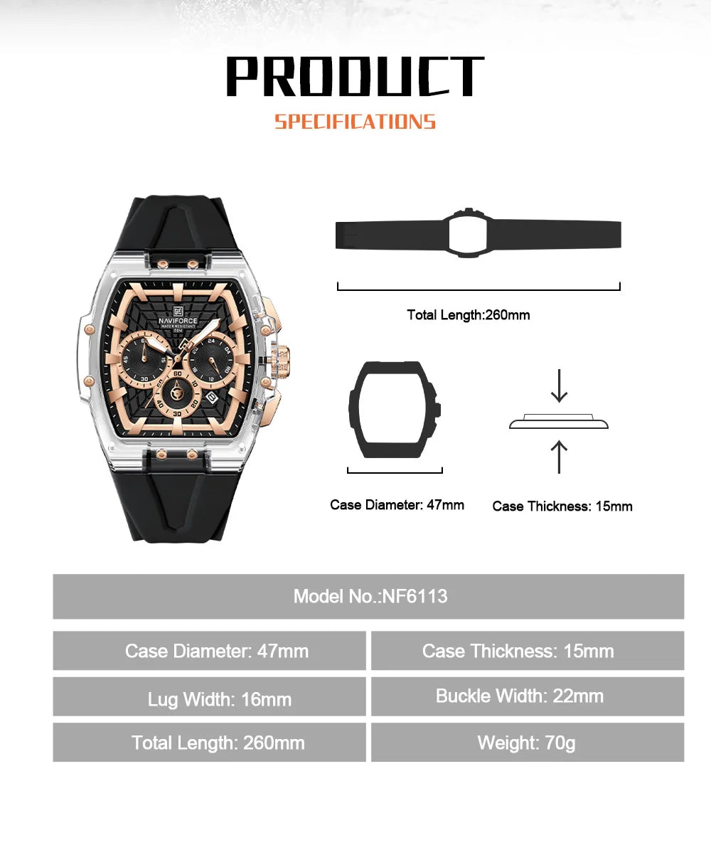 NAVIFORCE Men's Quartz Watch Waterproof Luminous Chronograph with Date Display 24-Hour Male Military Sports Wristwatch Gift Box