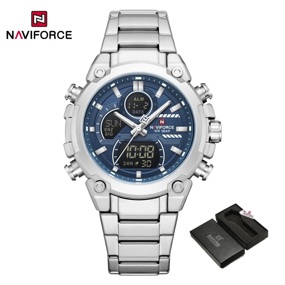 NAVIFORCE Watch For Men Stainless Steel Sport Casual Fashion Dual Display Sport Multifunction Chronograph men Waterproof Watch