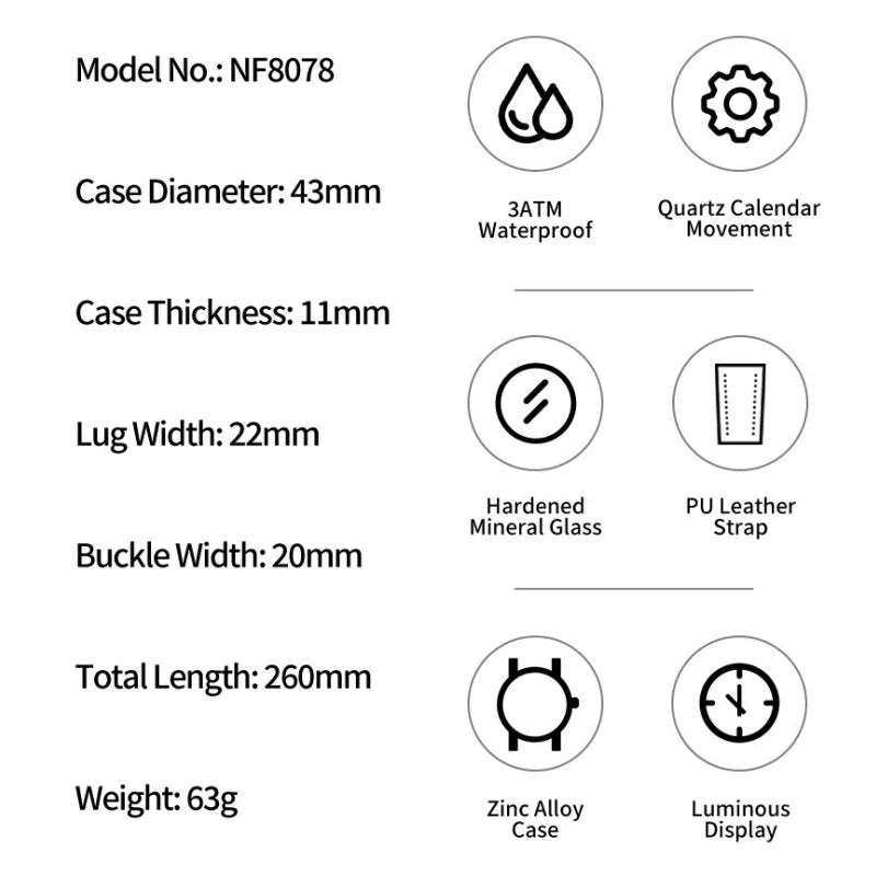 NAVIFORCE New Male Wristwatch Gift Box Quartz Calendar PU Band Calendar High Quarlity 30M Waterproof Business Man's Watch NF8078