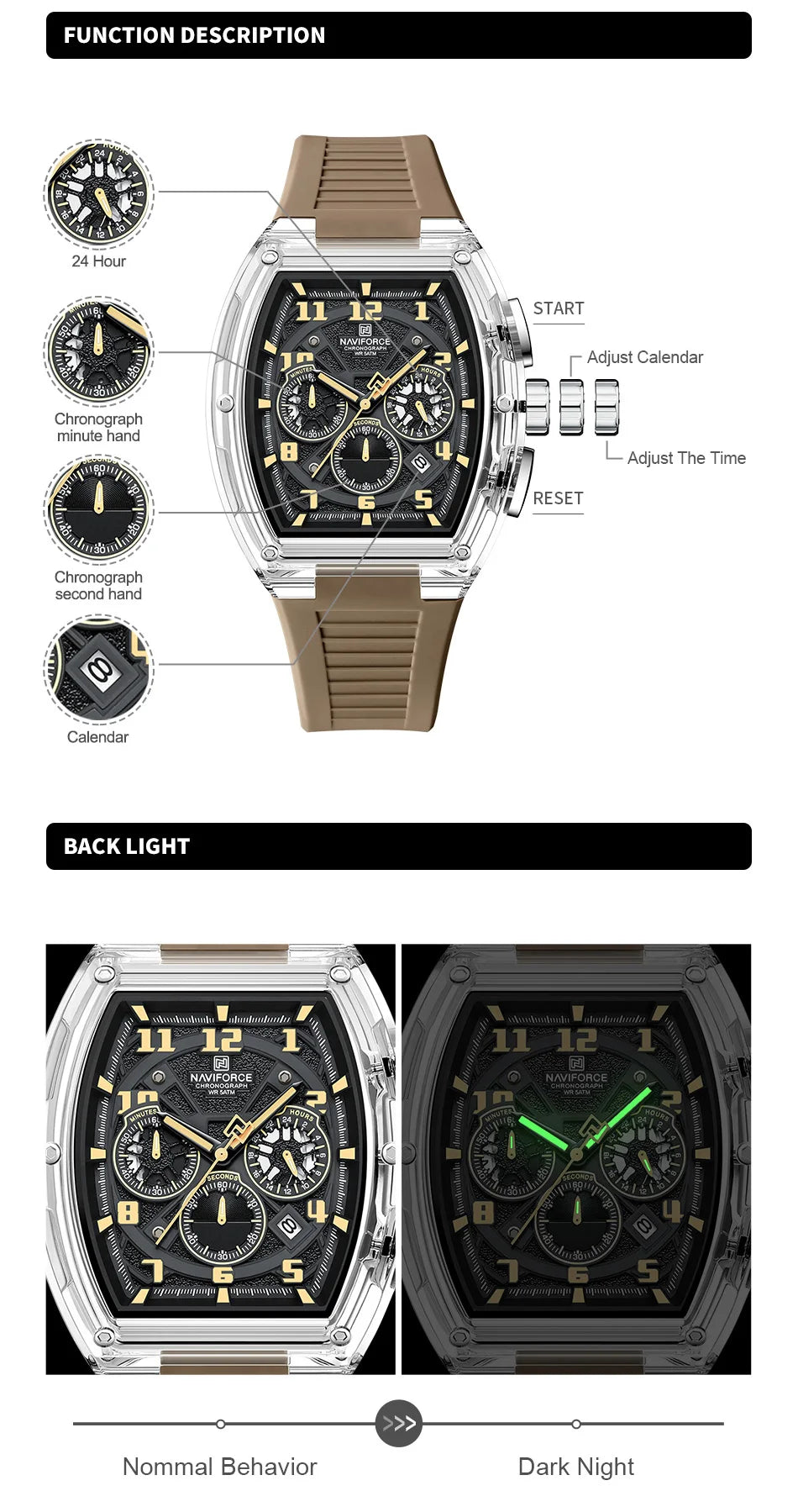 NAVIFORCE Men's Watch Quartz Chronograph Luminous Soft Silicone Strap Business Trendy Outdoor Casual Wristwatch Gift Box for Man