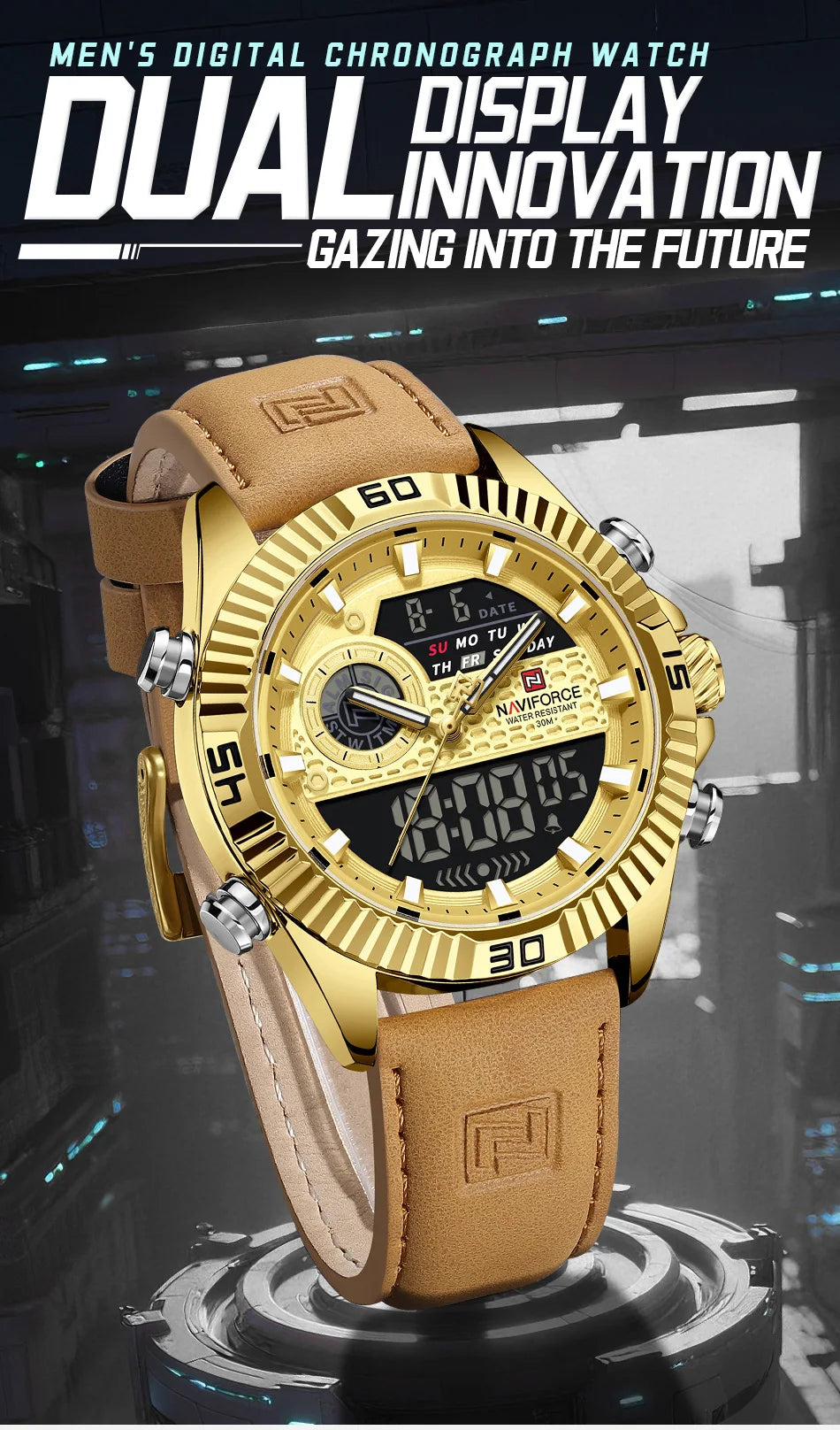 NAVIFORCE Men's Watches Sport Quartz Analog LCD Digital Wristwatch 30m Waterproof Luminous Chronograph Watch for Men Date Clock