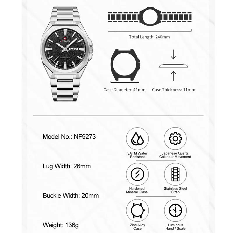 NAVIFORCE Watches for Man Quartz 30M Waterproof Luminous Hand Stainless Steel Business Male Fashion Wristwatch Relogio Masculino