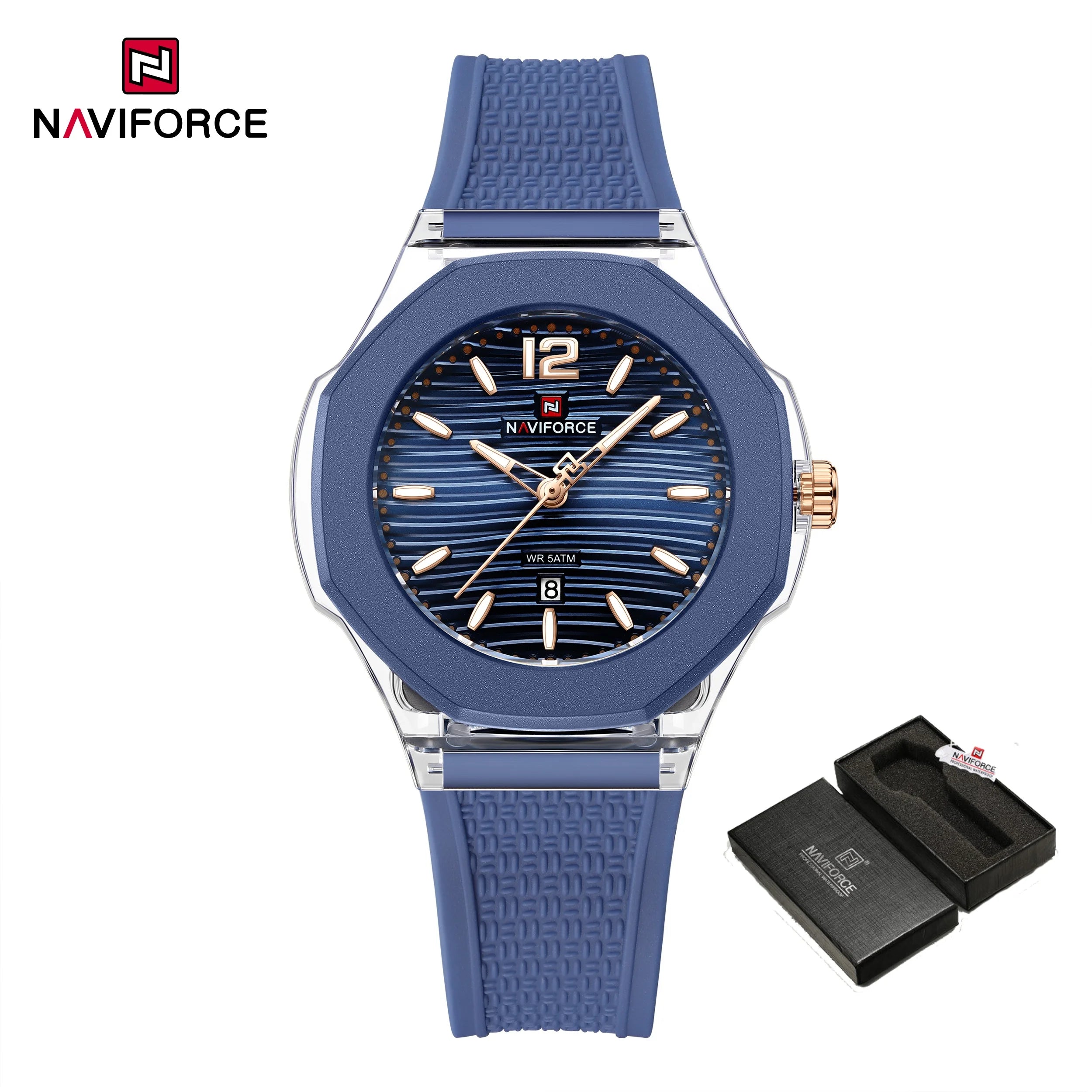NAVIFORCE Fashion Watch for Women 5ATM Waterproof Silicone Strap Auto Date Display Night Illumination Ladies Elegant Watch Gift
