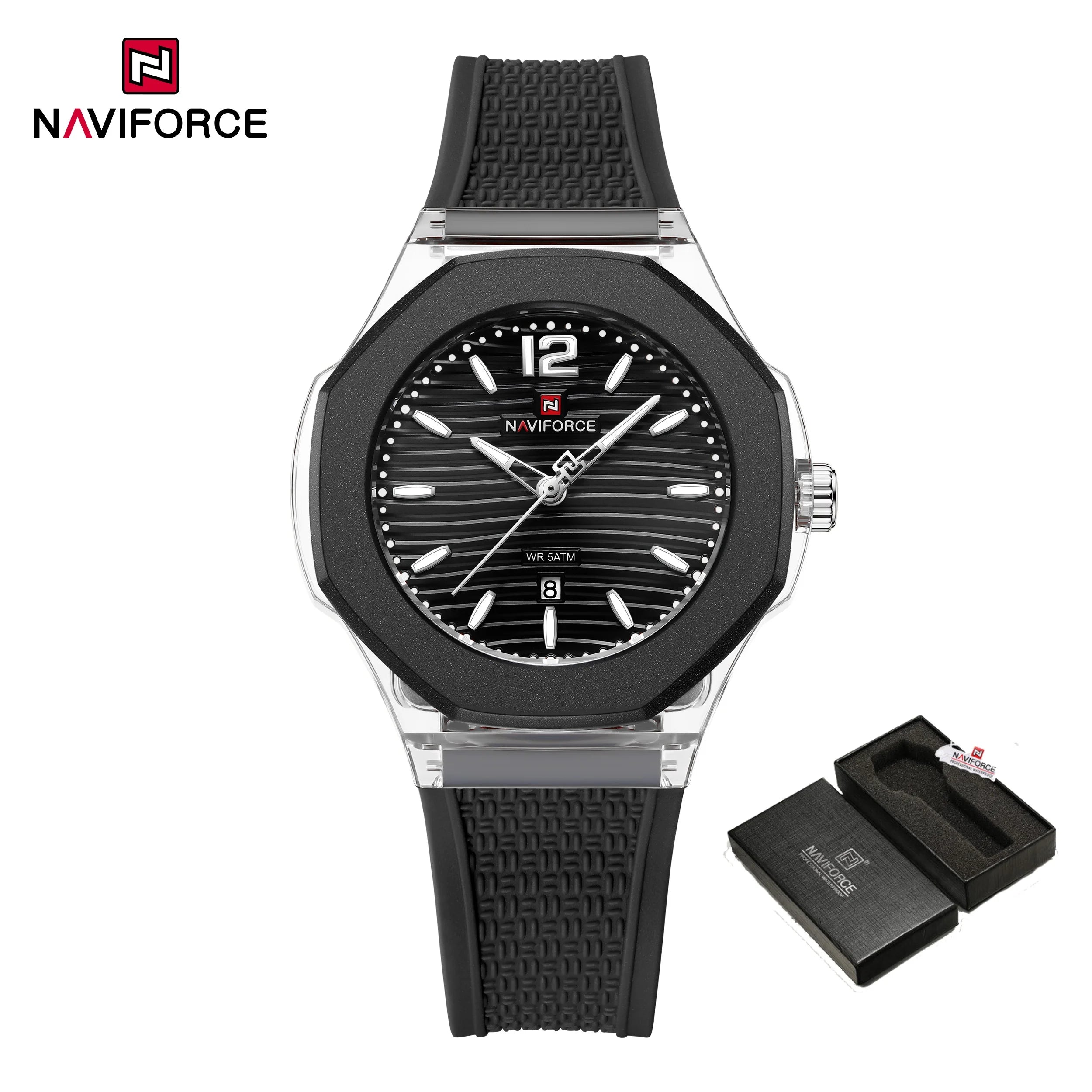 NAVIFORCE Fashion Watch for Women 5ATM Waterproof Silicone Strap Auto Date Display Night Illumination Ladies Elegant Watch Gift