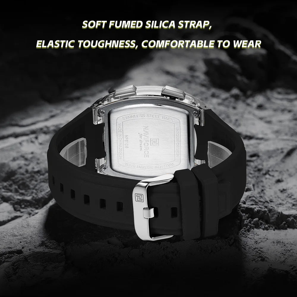 NAVIFORCE Luxury LCD Digital Sport Watches For Men Luxury Casual Alarm Clock 50M Waterproof Silicone Band Electronic Wristwatch