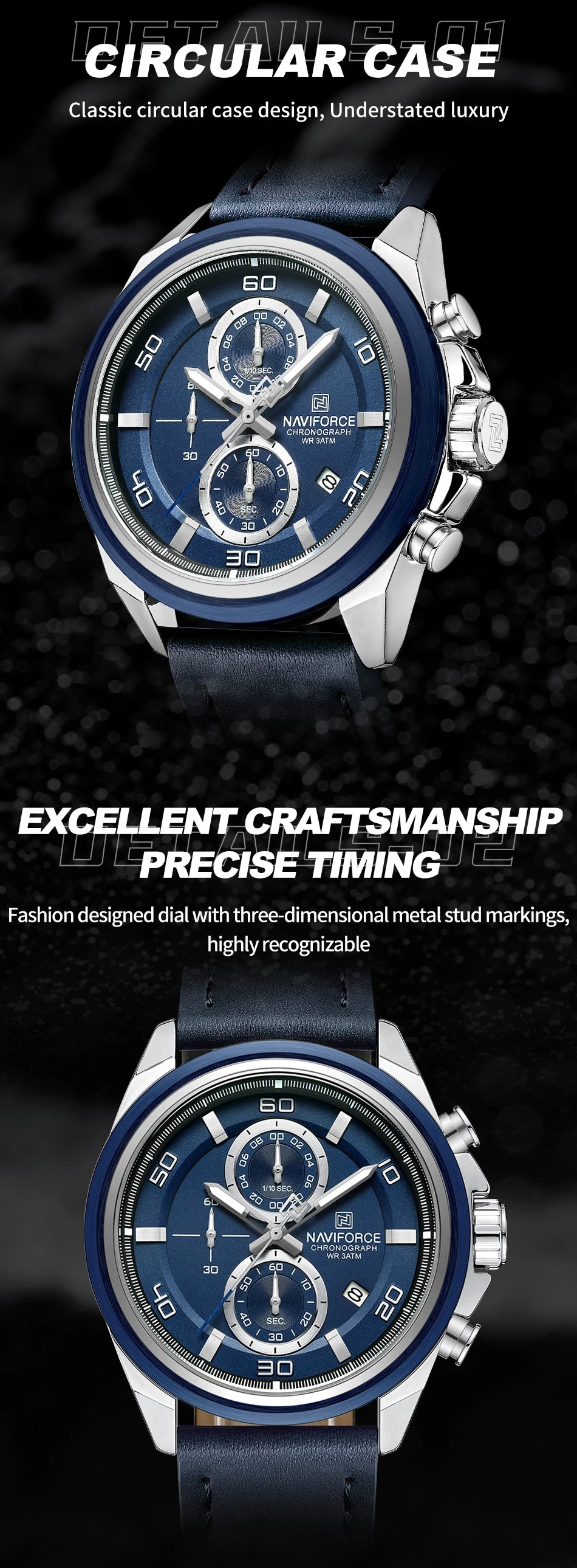 NAVIFORCE Brand Watches For Men Genuine Leather Band Chronograph Quartz Wristwatches Casual Sport 30m Waterproof Male Gift Clock