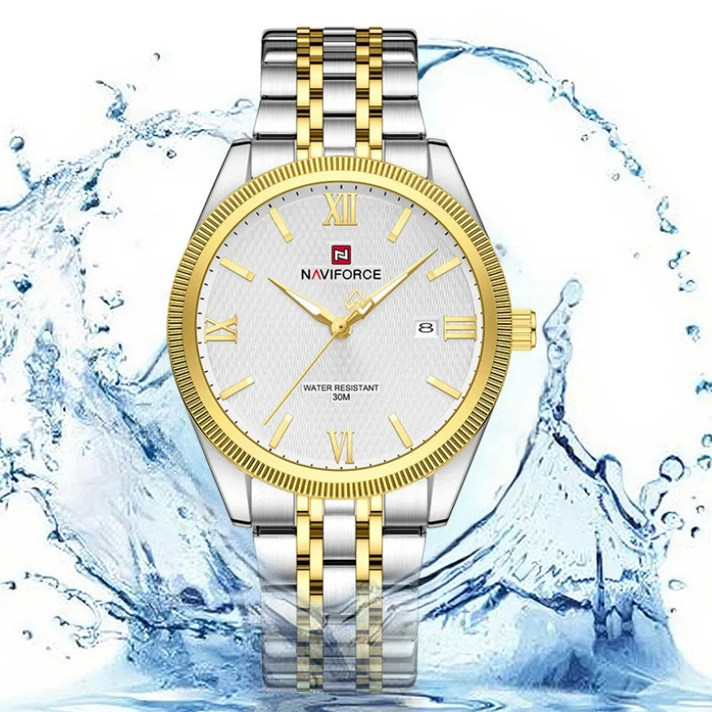 NAVIFORCE Man Wristwatch Quartz Calendar 30M Waterproof Date Display Steel Band Casual Male Business Watch Gift for Father's Day