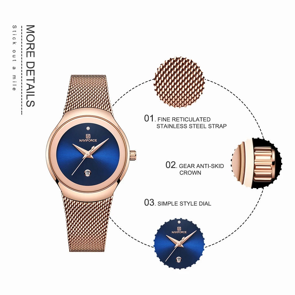 NAVIFORCE Women's Simple Quartz Watches 30M Waterproof Auto Date Steel Strap Female Casual Fashion Daily Use Wristwatch Gift Box
