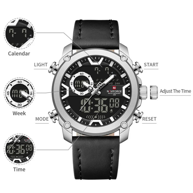 NAVIFORCE Man's Watch Quartz Dual Display Waterproof Leather Strap Alarm Male Simple Fashion Business Casual Wristwatch Gift Box