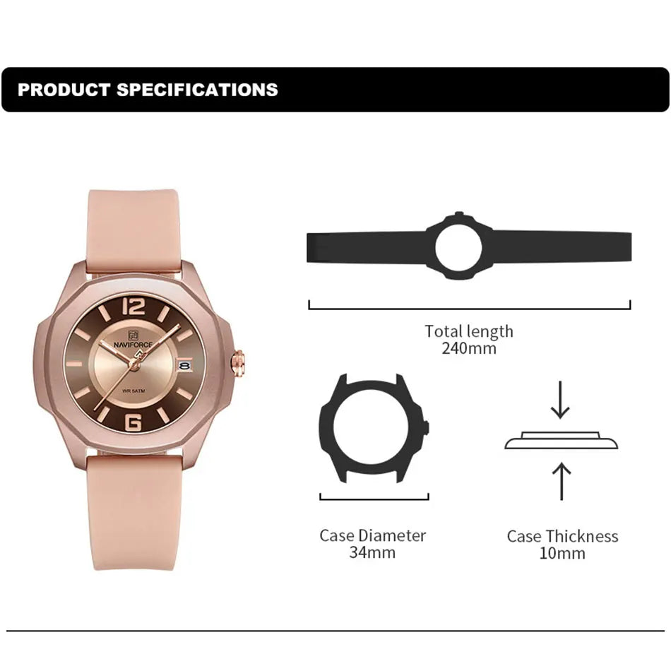 High Quality NAVIFORCE Women's Luxury Elegant Quartz Watch Simple Style Silicone Strap 3ATM Waterproof Wristwatches Reloj Mujer