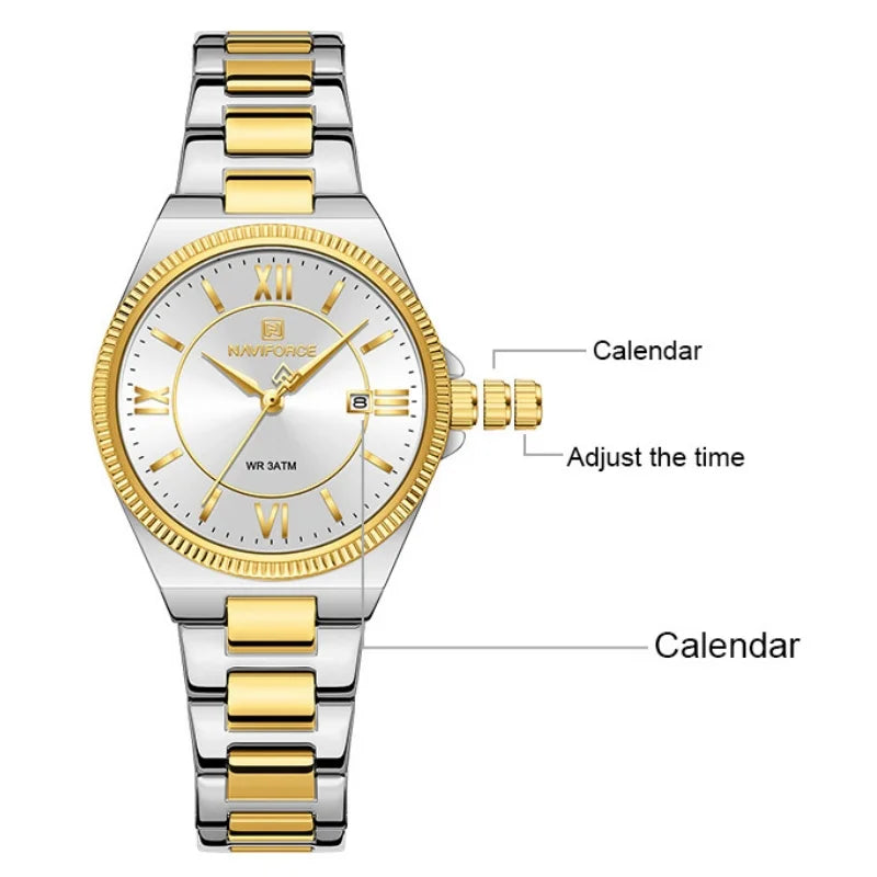 NAVIFORCE Women's Quartz Watch 3ATM Waterproof Date Display Stainless Steel Fashion for Daily Dress Lady Wristwatch Gifts Box