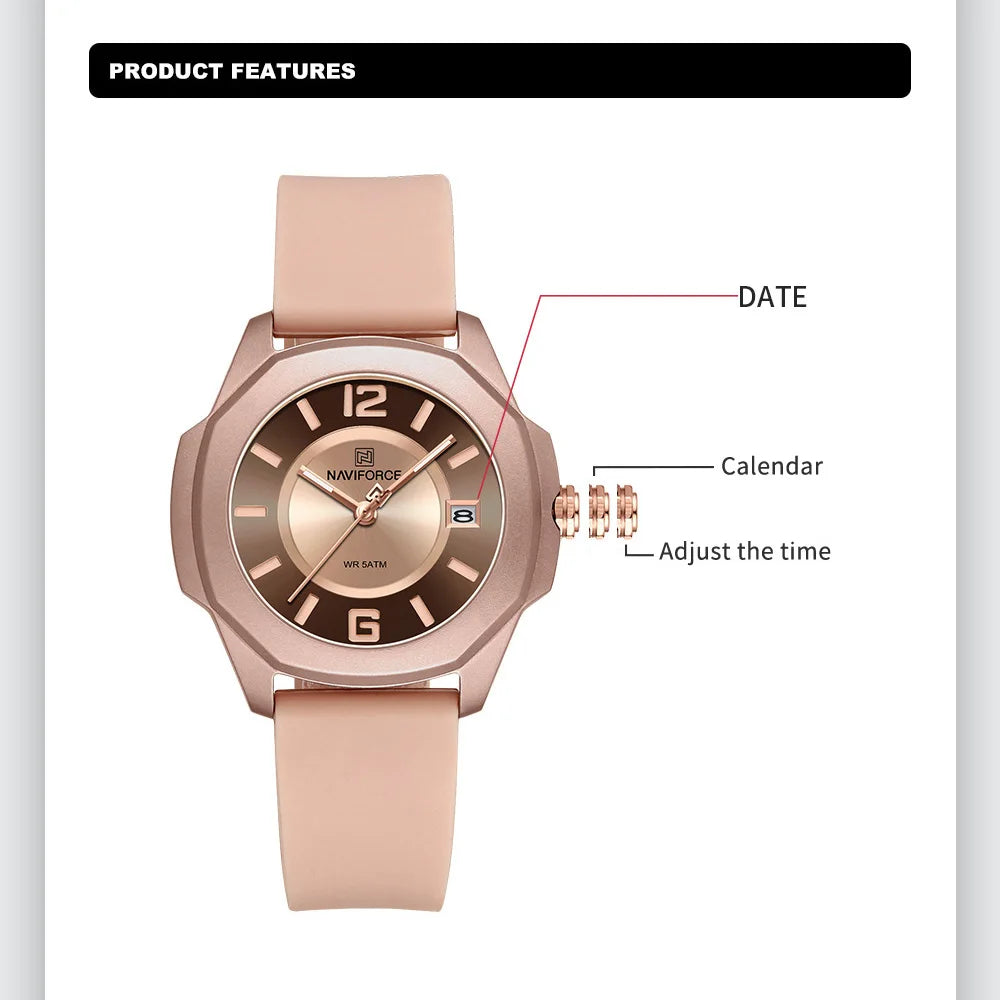 High Quality NAVIFORCE Women's Luxury Elegant Quartz Watch Simple Style Silicone Strap 3ATM Waterproof Wristwatches Reloj Mujer