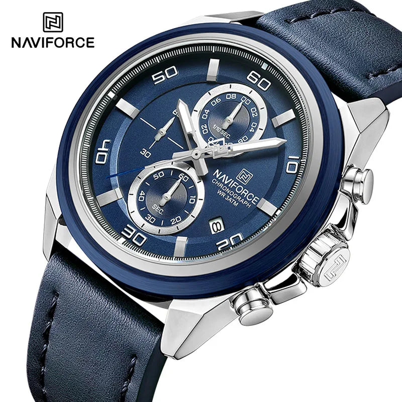 NAVIFORCE Brand Watches For Men Genuine Leather Band Chronograph Quartz Wristwatches Casual Sport 30m Waterproof Male Gift Clock