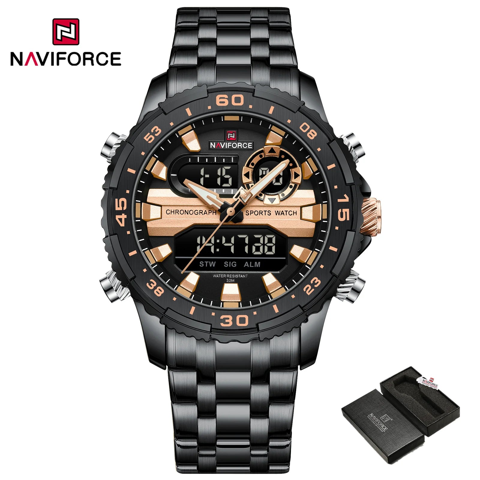 Gifts for Boyfriends NAVIFORCE Men's Silver Black Quartz Watch LCD Digital Waterproof  Wristwatch Male Luminous Hands Date Clock