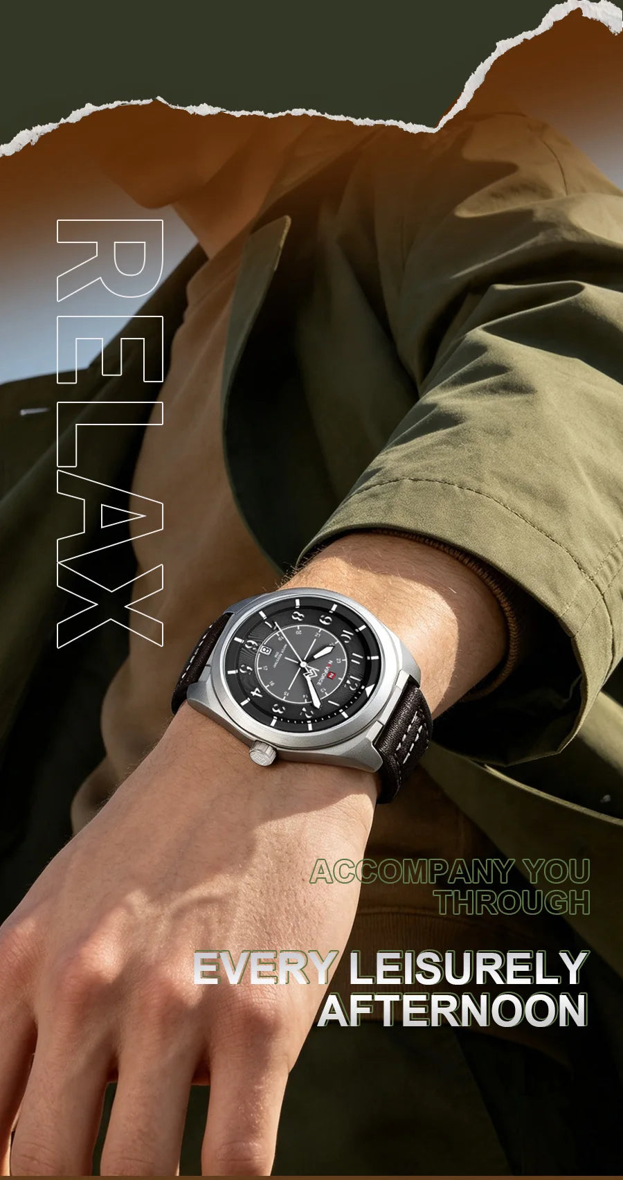 NAVIFORCE Men's Quartz Calendar Watch 3ATM Waterproof Leather Strap Casual Fashion Business Daily Wear Male Wristwatch Gift Box