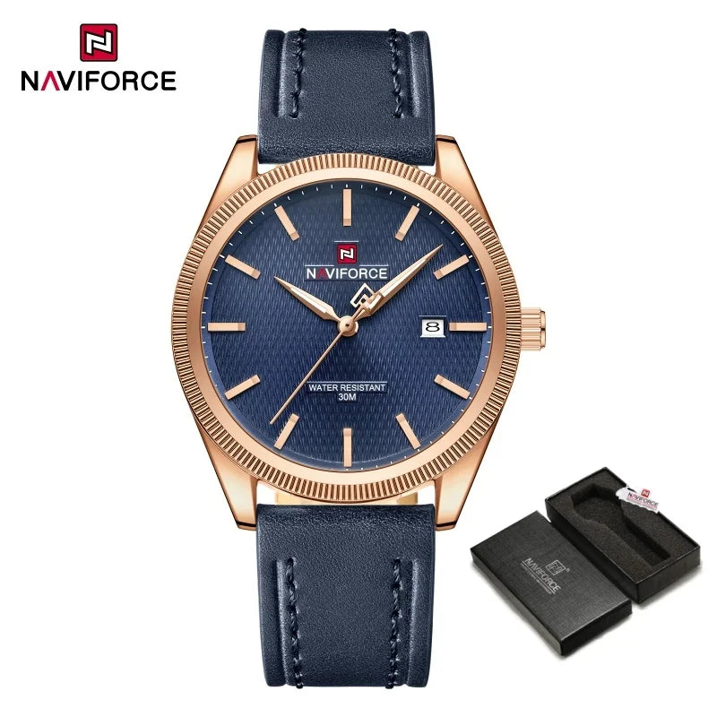 NAVIFORCE Men's Watches Fashion Genuine Leather Strap 30M Waterproof Male Quartz Wristwatches Luminous Point Date Display Clock