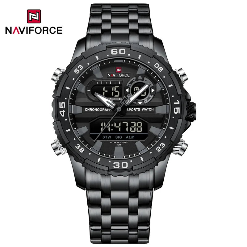 NAVIFORCE Men's Sports Alarm Watch Waterproof Chronograph Quartz Movement Steel Band Digital Date Week Display Wristwatches Gift