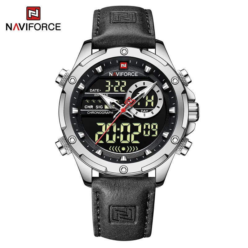 NAVIFORC Casual Sport Chronograph Men's Watch Genuine Leather Band Wristwatch Quartz Clock Luminous Display Relogio Masculino