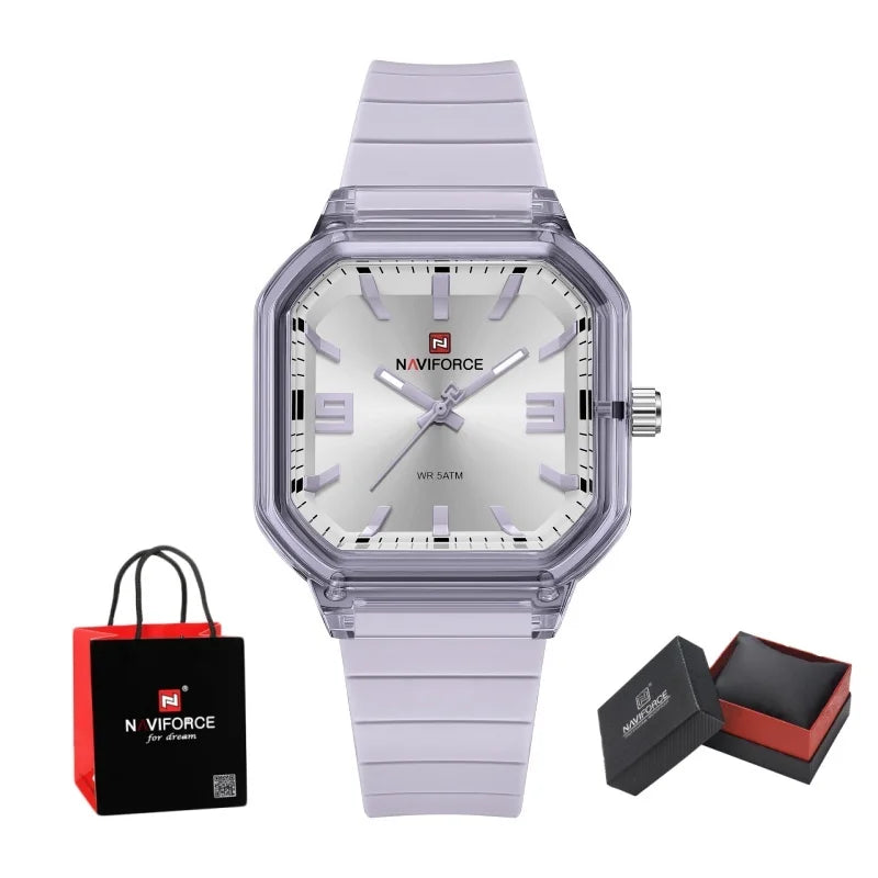 NAVIFORCE Women Polygon Watch Display Silicone Strap 50M Waterproof Luminous Fashionable Elegant Ladis Girls Wristwatch Gift Box