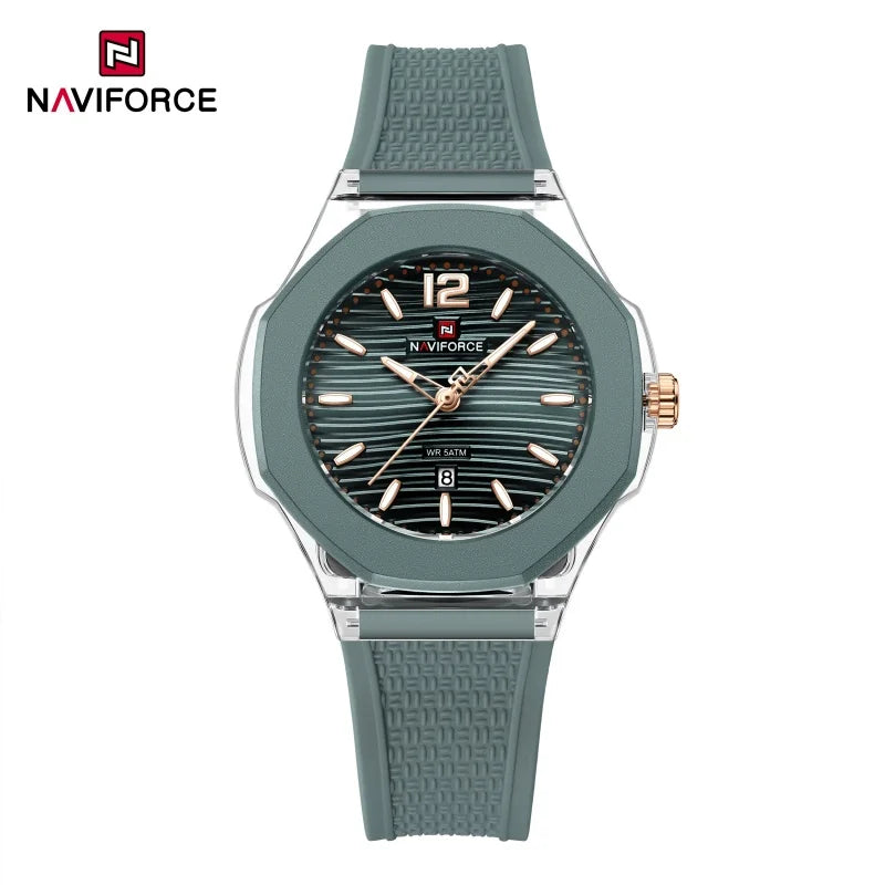 NAVIFORCE Fashion Watch for Women 5ATM Waterproof Silicone Strap Auto Date Display Night Illumination Ladies Elegant Watch Gift
