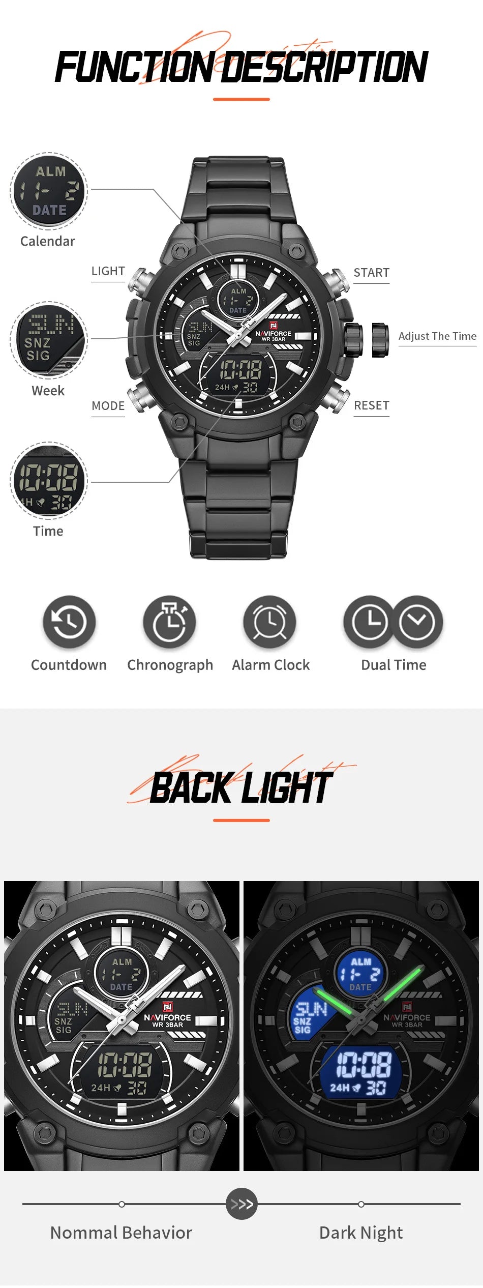 NAVIFORCE Men's Watch Luxury Quartz LCD Digital Sports Military Style Dual Display Chronograph Alarm Clock Wristwatch Gifts Box