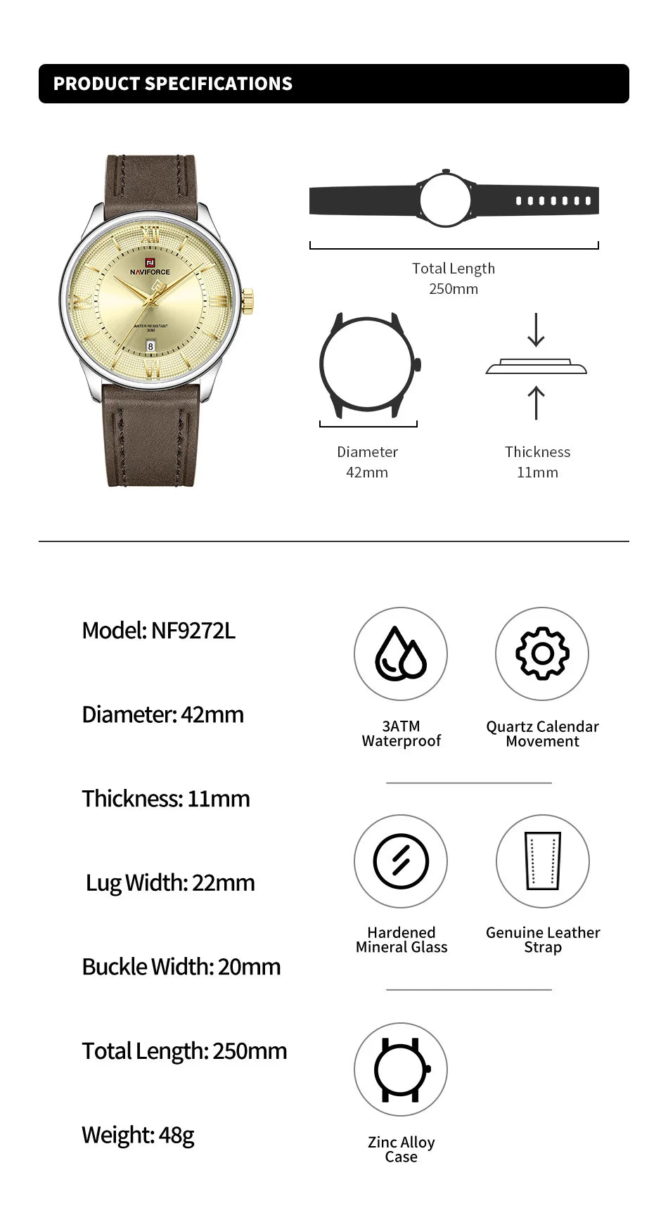 NAVIFORCE Watches For Men Quartz Sports Genuine Leather Strap 3ATM Waterproof Luxury Business Wristwatches Gift for Male New