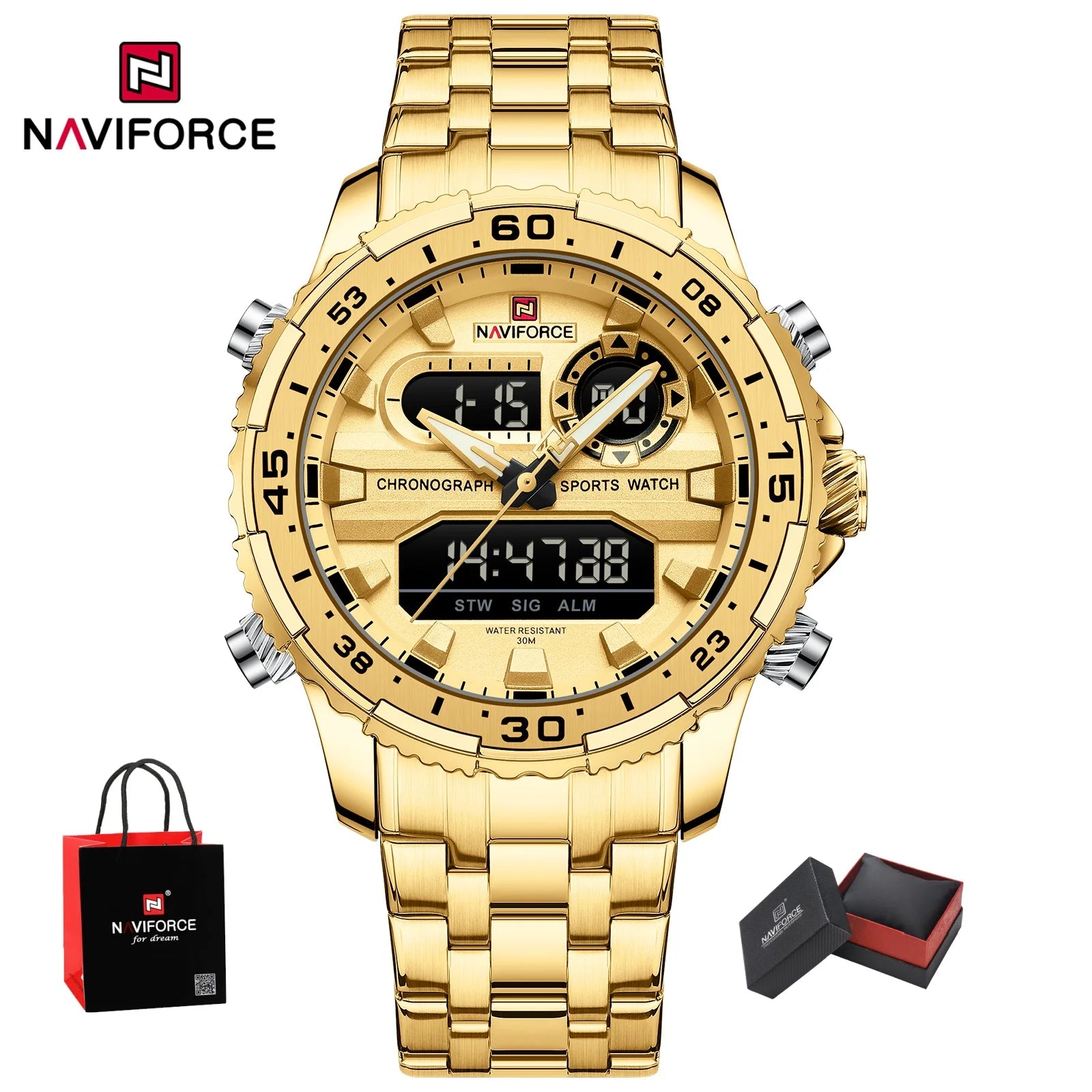 NAVIFORCE Men's Watch Quartz Analog LCD Digital Wristwatch Male Stainless Steel Strap Water Resistant Date Clock Package Gifts