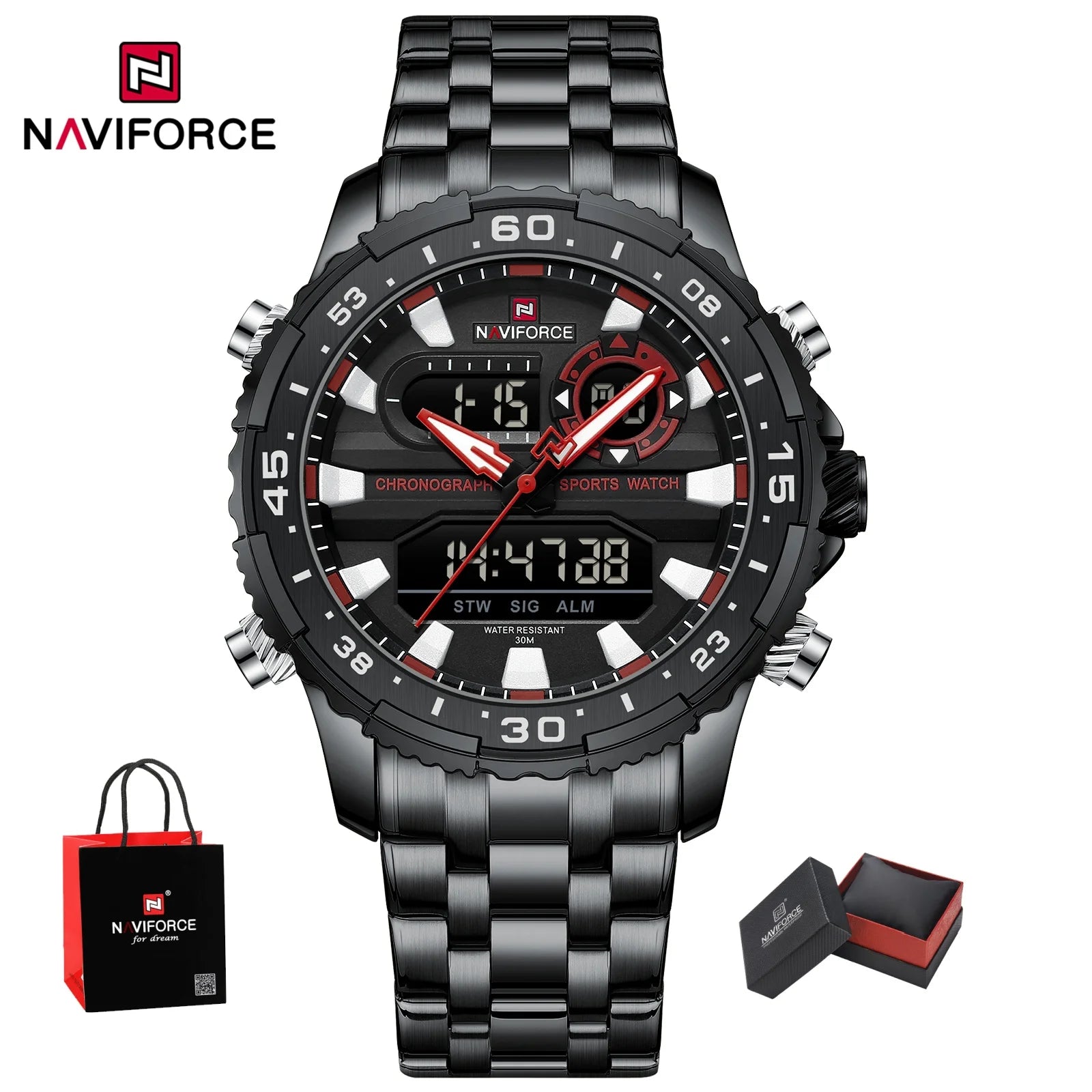 NAVIFORCE Men's Watch Quartz Analog LCD Digital Wristwatch Male Stainless Steel Strap Water Resistant Date Clock Package Gifts