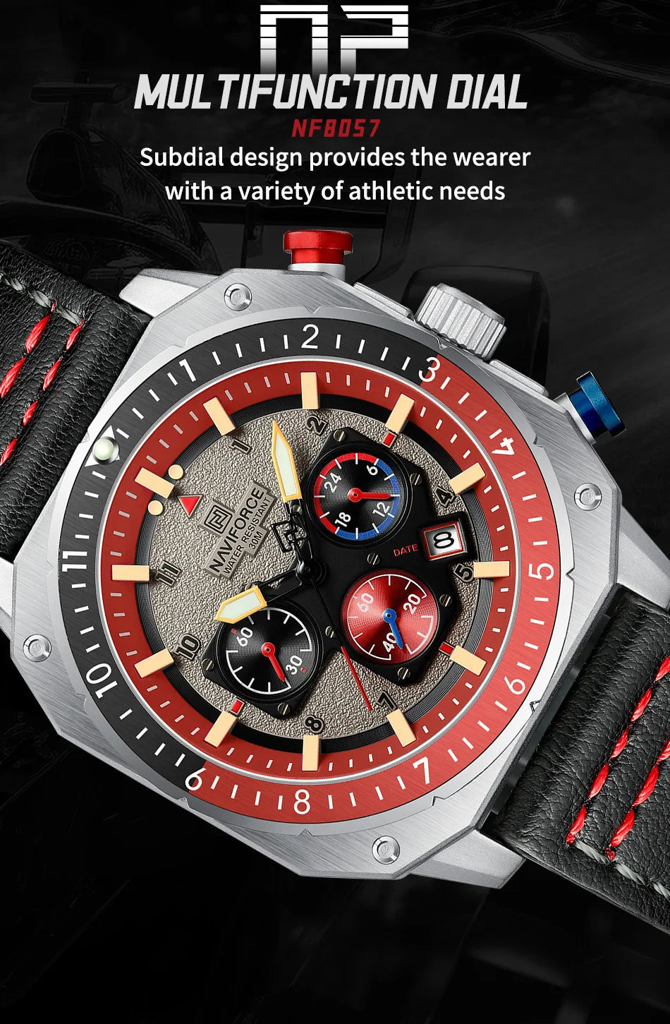 NAVIFORCE Sports Multifunction 24 Hours Date Display Waterproof Watch for Men Fashion Leather Quartz Analog Luminous Wrist Watch