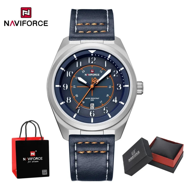 NAVIFORCE Men's Quartz Calendar Watch 3ATM Waterproof Leather Strap Casual Fashion Business Daily Wear Male Wristwatch Gift Box