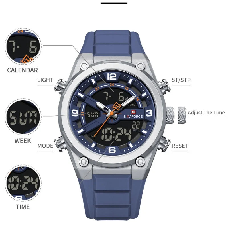 NAVIFORCE Man Watch Fashion Casual Sports Dual display Silicone Strap Waterproof Alarm Chronograph Day and Date Watches for Men