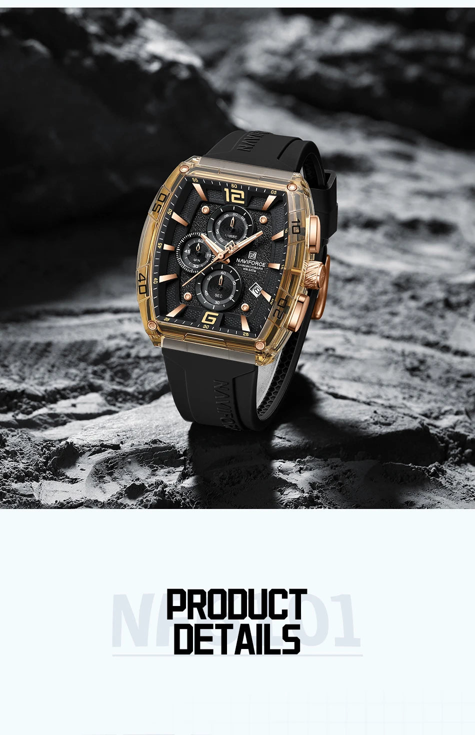 NAVIFORCE Luxury Men's Watch Quartz Chronograph 5ATM Waterproof Luminous Hand Soft Silicone Strap Male Fashion Sports Wristwatch