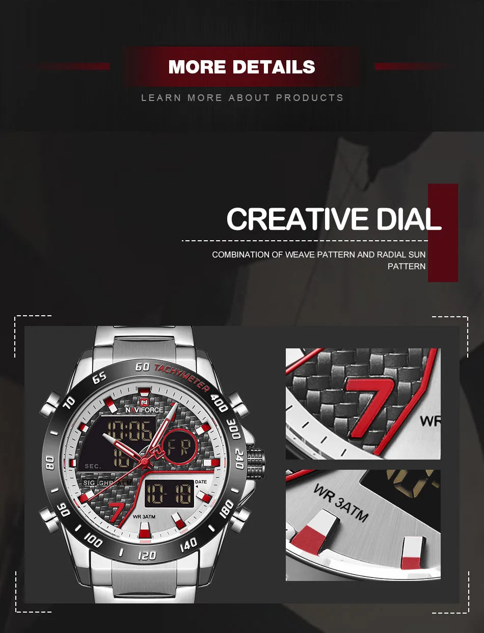 NAVIFORCE Man's Quartz Watch Dual Display Luminous Stainless Steel Strap Male Fashion Business Father's Day Wristwatch Gifts Box