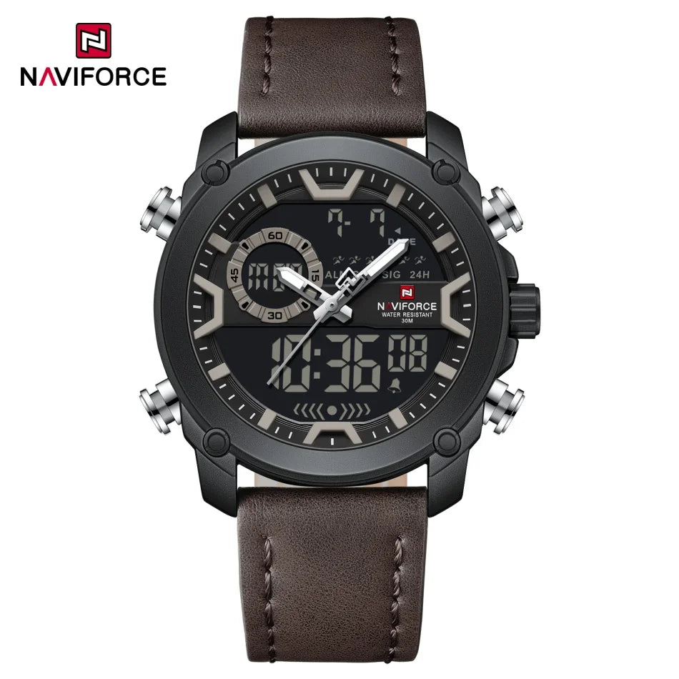 NAVIFORCE Men Watch Business Casual Fashion Dual Display Sport Genuine Strap Alarm Mode Quartz Wristwatch Man Waterproof Watch